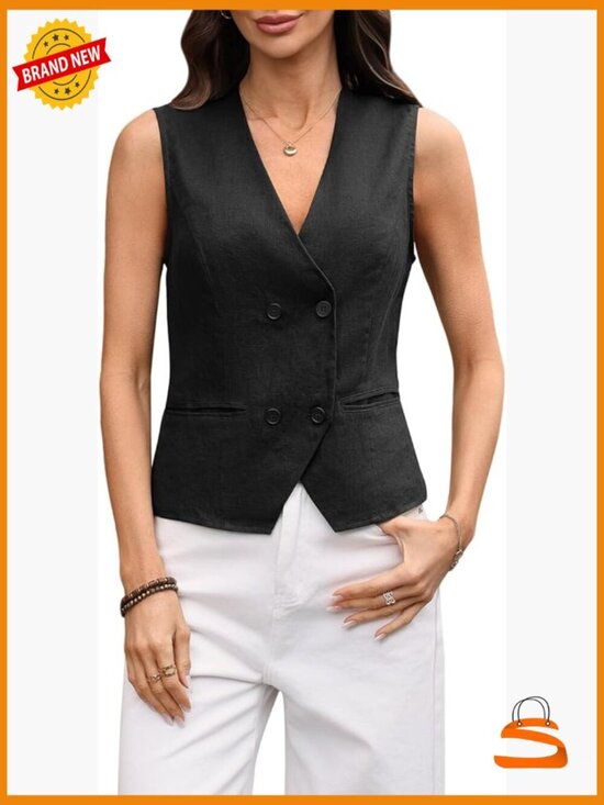 Jackets & Blazers - Linen V-Neck Double Breasted Back Tie Vest Sleeveless Waistcoat